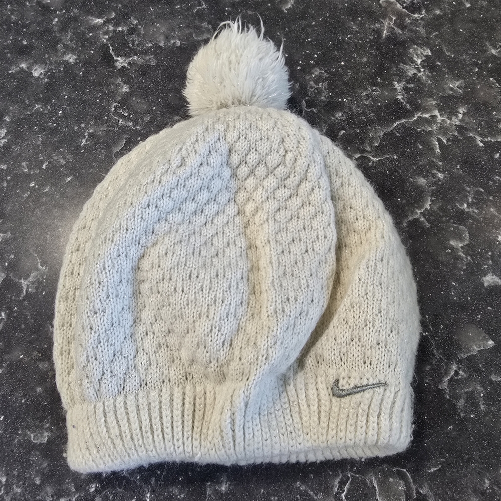 Nike Pom Beanie Winter Knit Hat Stocking Cap Snow Outdoors White Silver Sparkles
